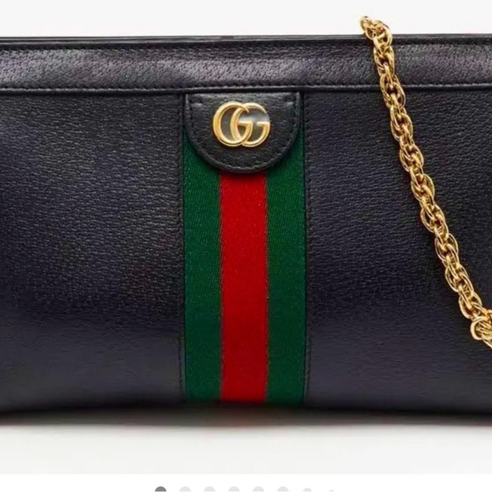 Gucci Black Leather Clutch with Green and Red Stripe and Gold Chain Accent